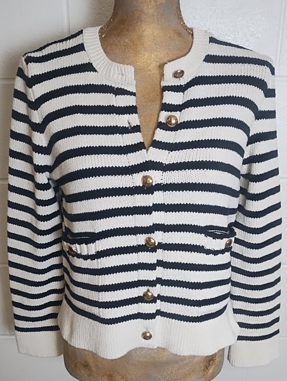 Zara Cotton Blend Cardigan Sweater Dark Navy & Cream Stripe Gold Buttons Small